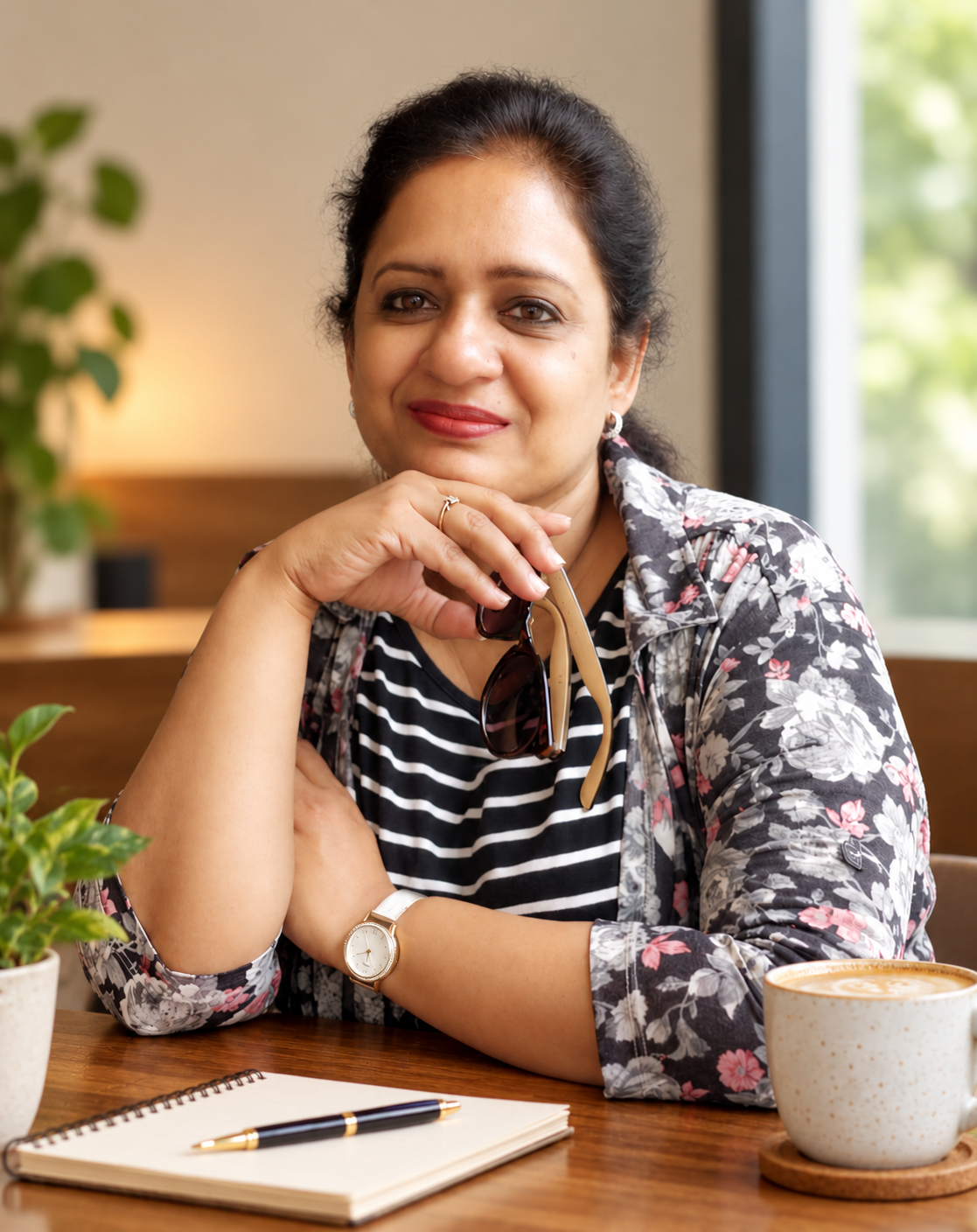 Aruna Joshi seated at a table with a cup of tea and a notebook